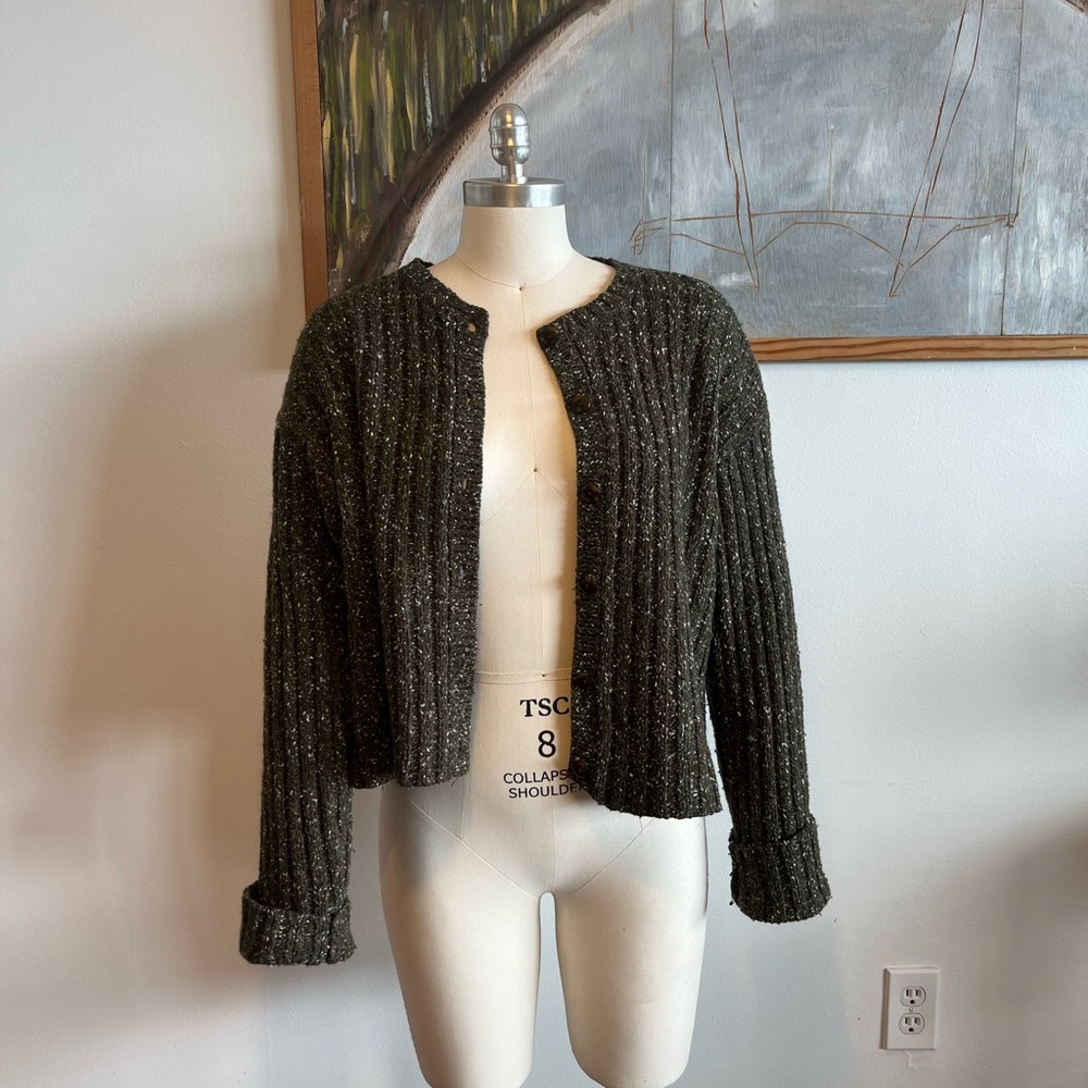 Olive Ribbed Button Up Cardigan Sweater